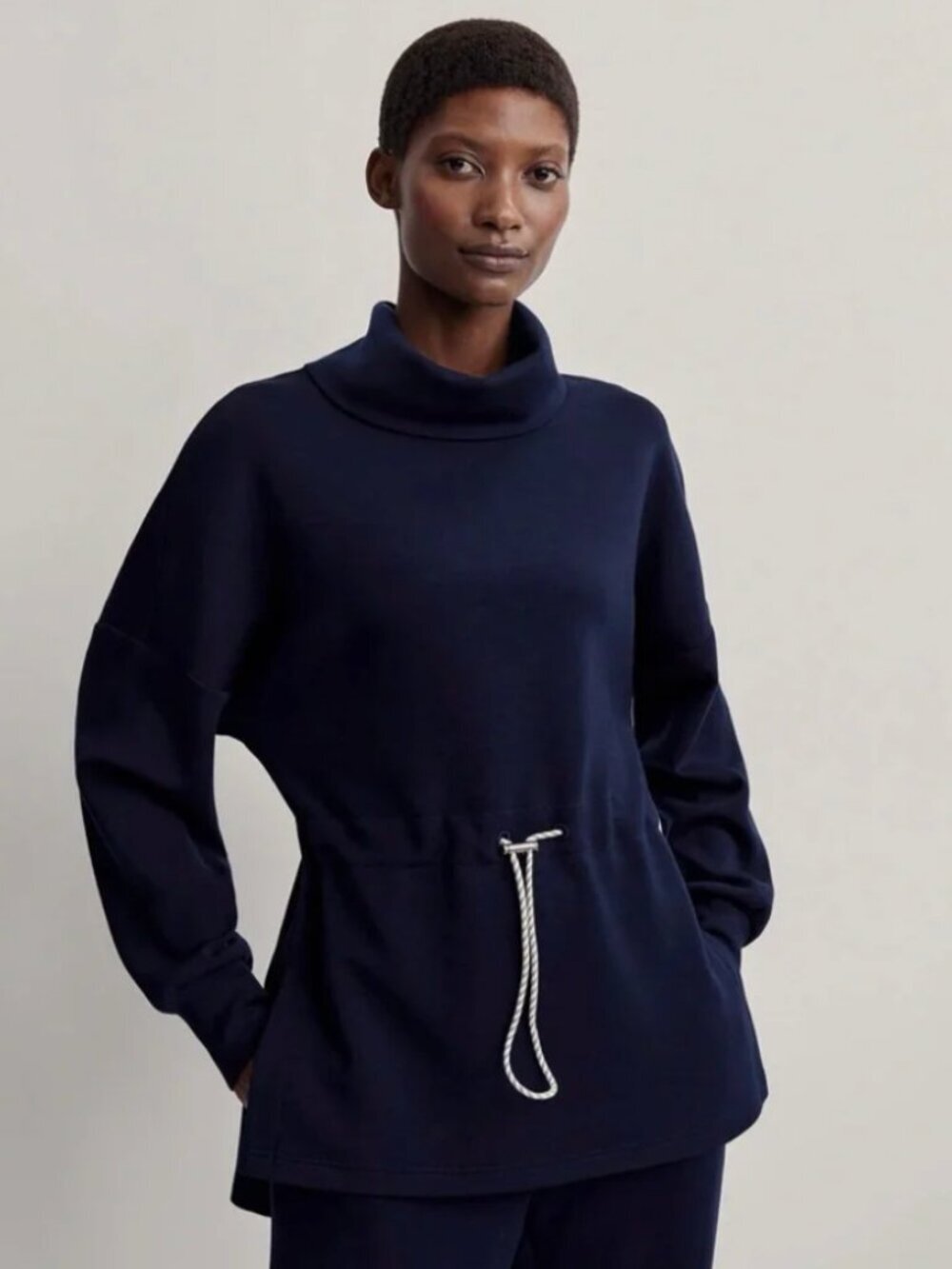 Varley Freya Blue (Sky Captain) Cowl Neck Sweater with Drawstring - Size S $148